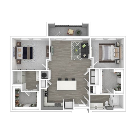A 3D floor plan of a house with a living room, kitchen, and bedrooms.